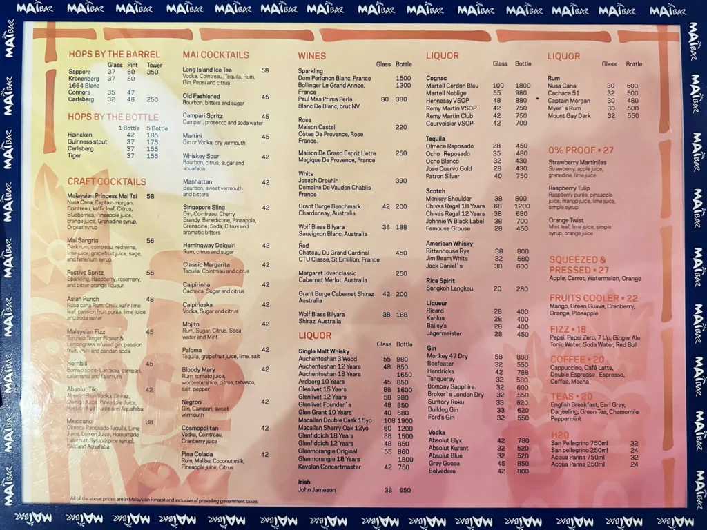 Mai Bar drinks menu