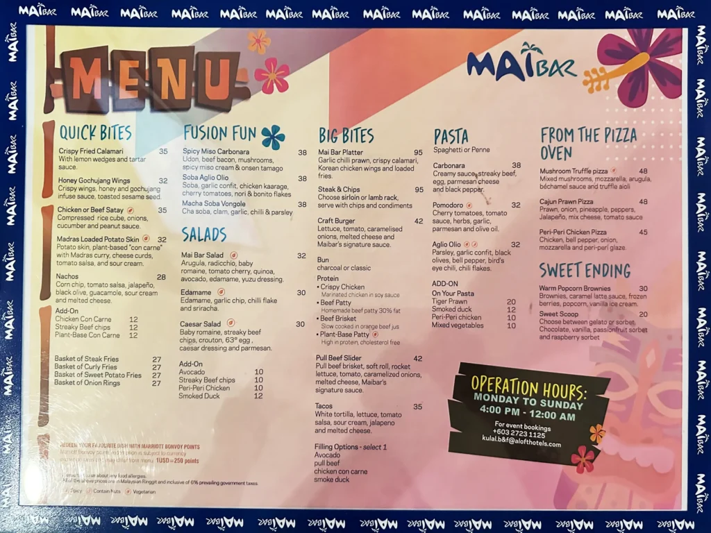 Mai Bar food menu