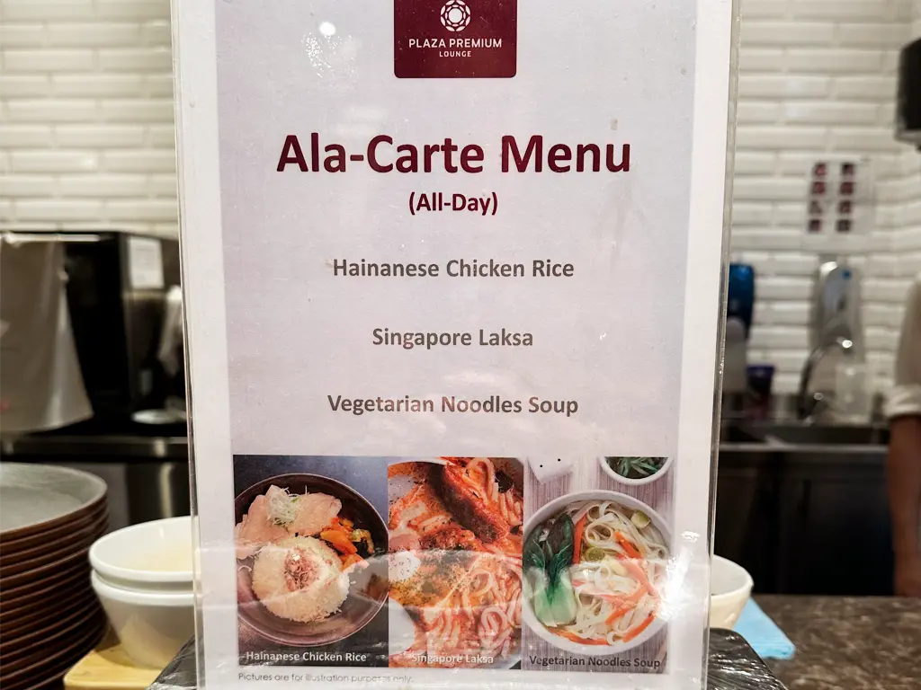 Ala carte menu at Plaza Premium Lounge Singapore Changi Airport Terminal 1