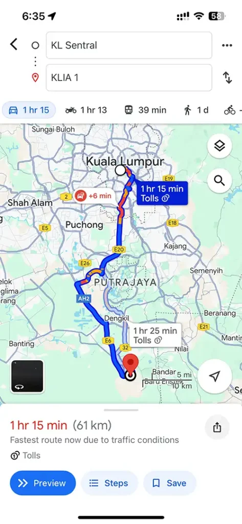 Heavy traffic from KL Sentral to KLIA routes on Google Maps