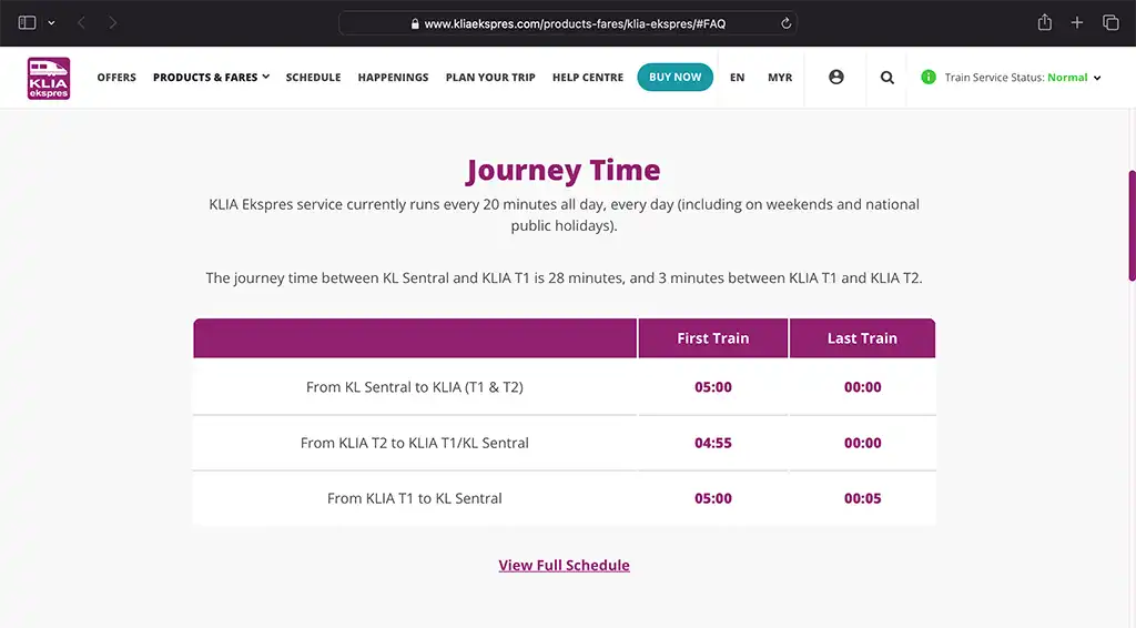 KLIA Ekspres Schedule