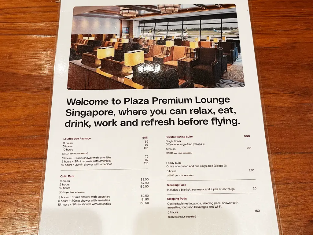 Lounge use packages and price, Plaza Premium Lounge Singapore Changi Airport Terminal 1