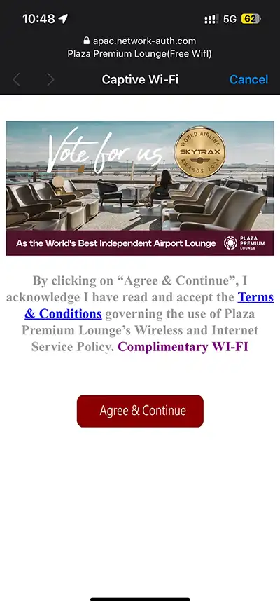 Wi-Fi captive portal, Plaza Premium Lounge Singapore Changi Airport Terminal 1