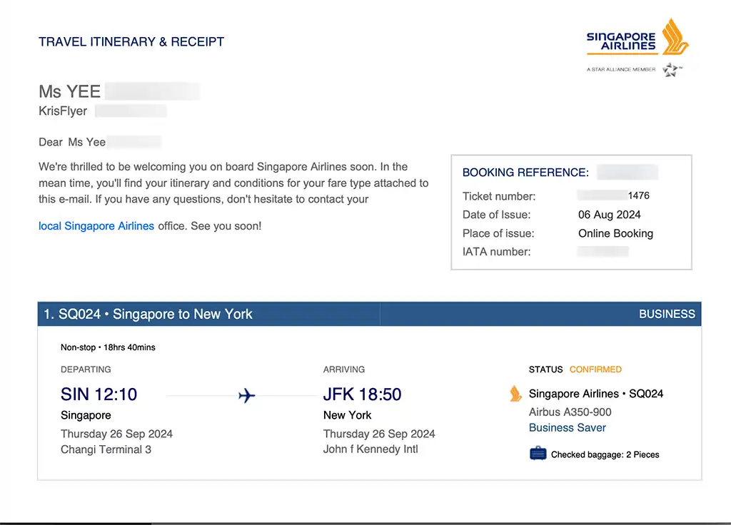 Second Business Saver ticket on SQ24 Singapore to New York