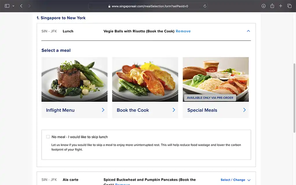 Singapore Airlines Online Meal Selection