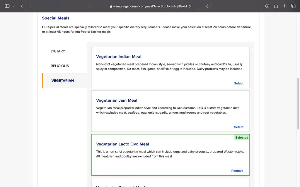 Singapore Airlines Special Meals
