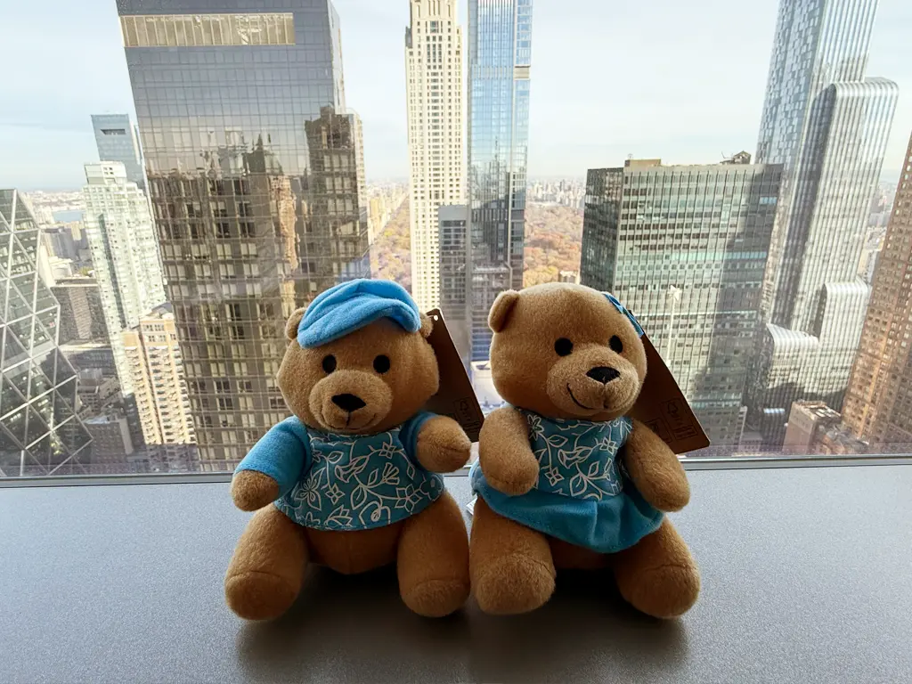 Singapore Airlines teddy bears enjoying the view of Central Park and Manhattan skyline