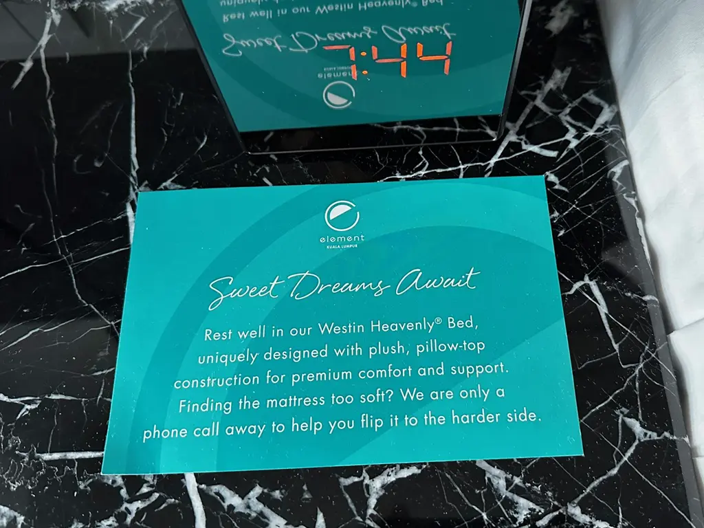 Bedside note informing guests about mattress options at Element Kuala Lumpur