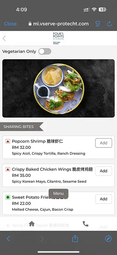 In-Room Dining food menu, Four Points by Sheraton Kuala Lumpur, Chinatown