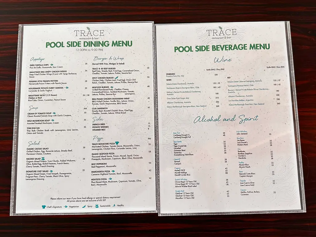 Poolside dining and beverage menu, Element Kuala Lumpur