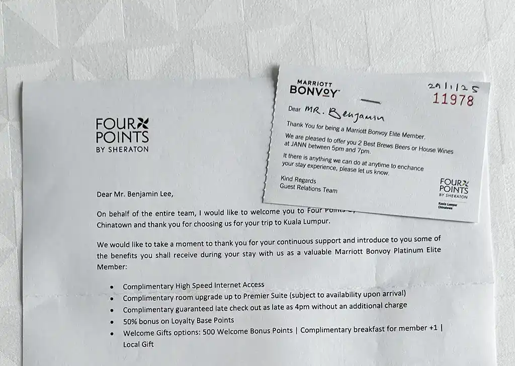 Welcome letter from the Guest Relations Team, Four Points by Sheraton Kuala Lumpur, Chinatown