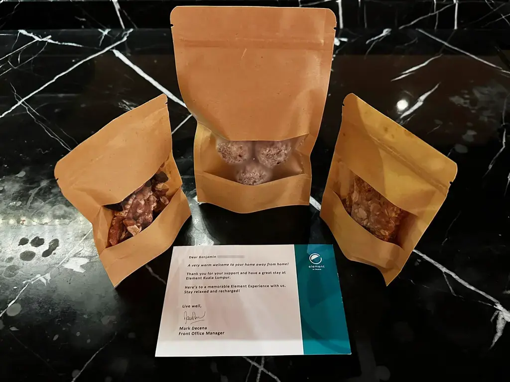 Welcome note and snacks from Element KL's Front Office Manager